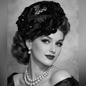 Vintage 1950’s Black Velvet Fascinator Hat with rhinestone embellishments